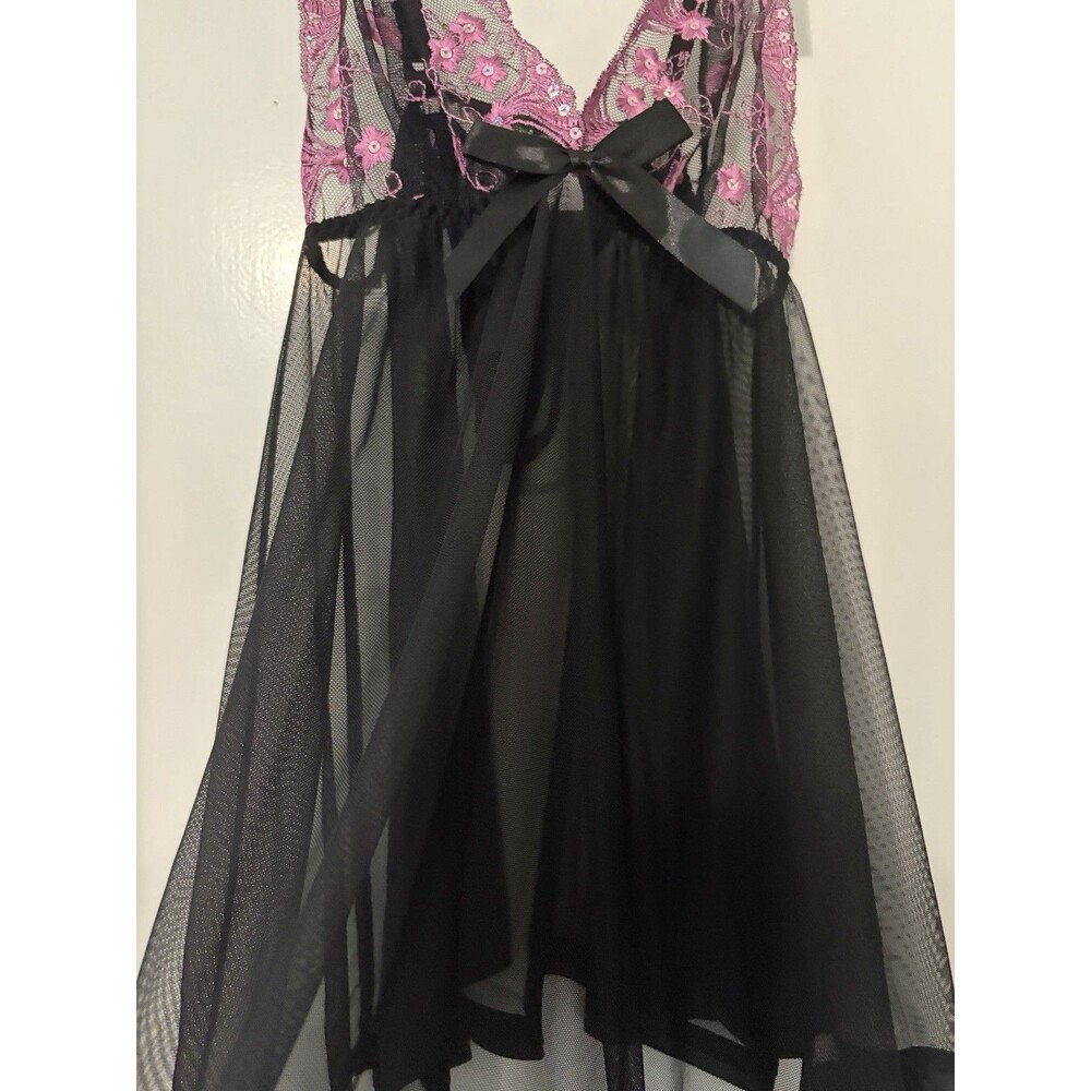 NWT Black Pink Lace Sheer Babydoll Lingerie Thong Set Nightgown Medium Spree - Picture 8 of 10